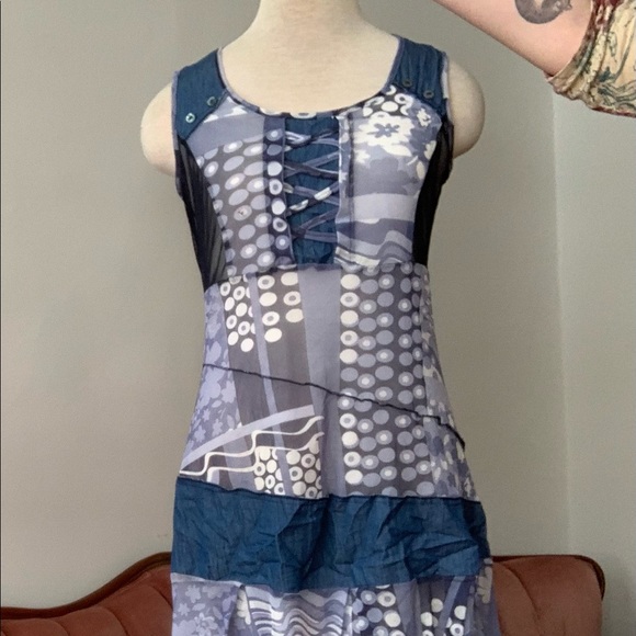 Vintage 90s Blue Mesh Patchwork Patterned Dress - Picture 2 of 5